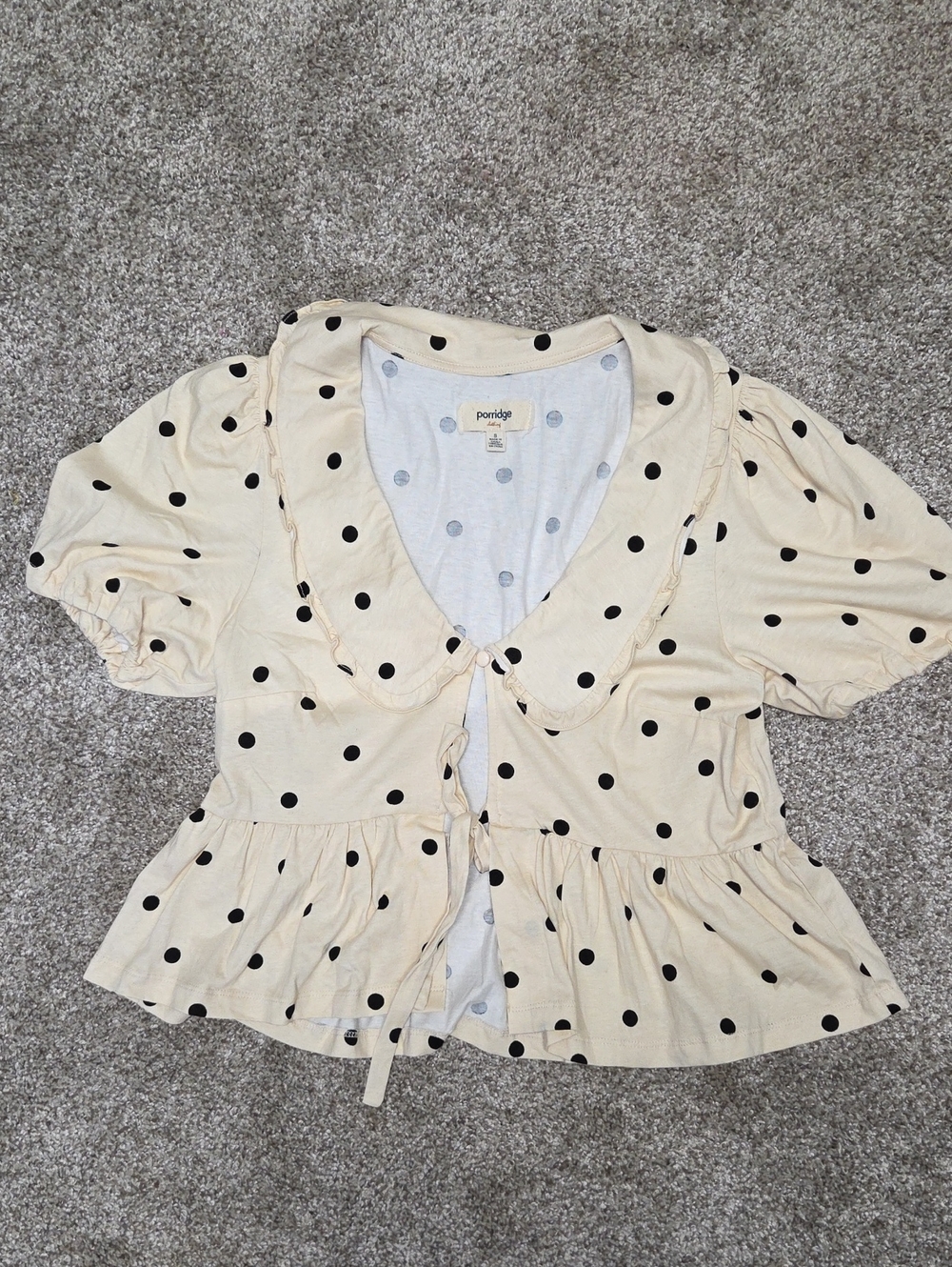 Anthropologie Cream Blouse with Black Polka Dots and Peplum
